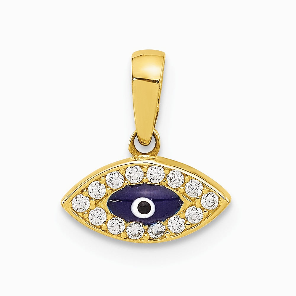 14K Yellow Gold Polished CZ and Enamel Evil Eye Pendant - Product Photo