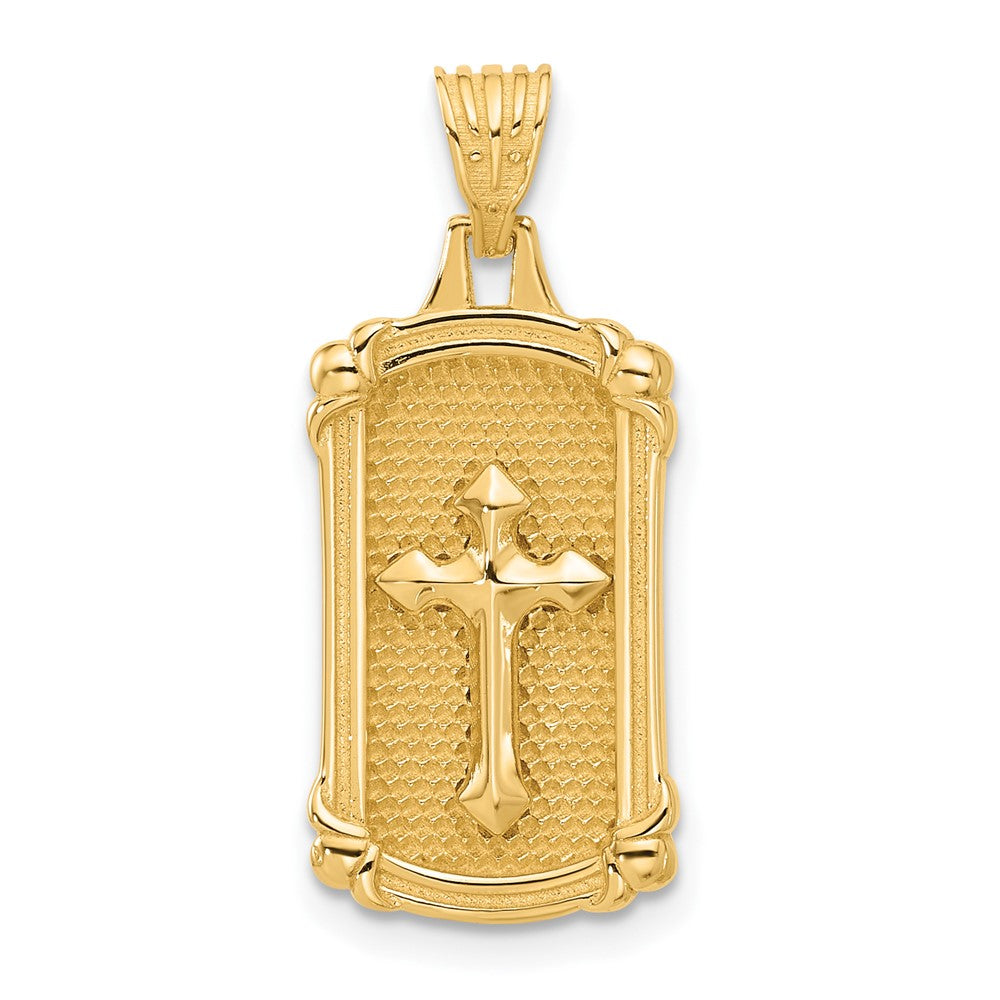 14K Yellow Gold Polished and Textured Dog Tag Cross Pendant - Product Photo