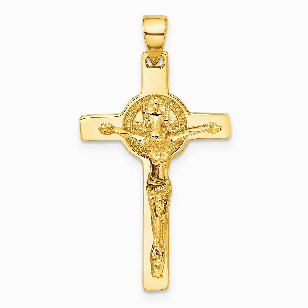 14K Yellow Gold Polished Crucifix and St Benedict Pendant - Product Photo