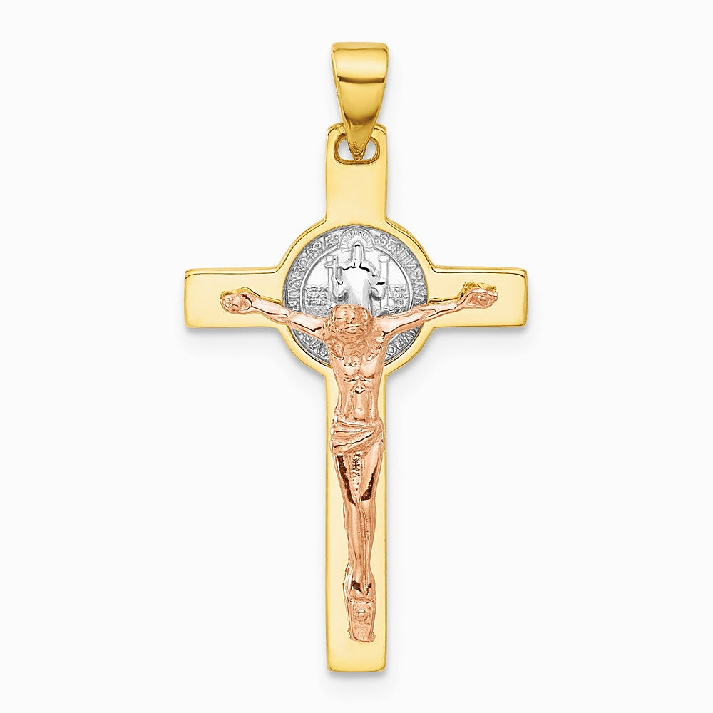 14K Two-tone with White Rhodium Crucifix and St Benedict Pendant - Product Photo