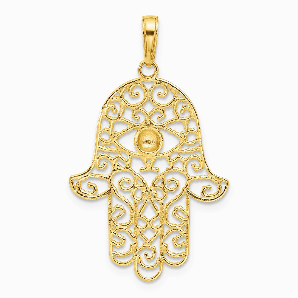 14K Yellow & Rhodium and White Rhodium Diamond-Cut Filigree Hamsa Pendant - Product Photo