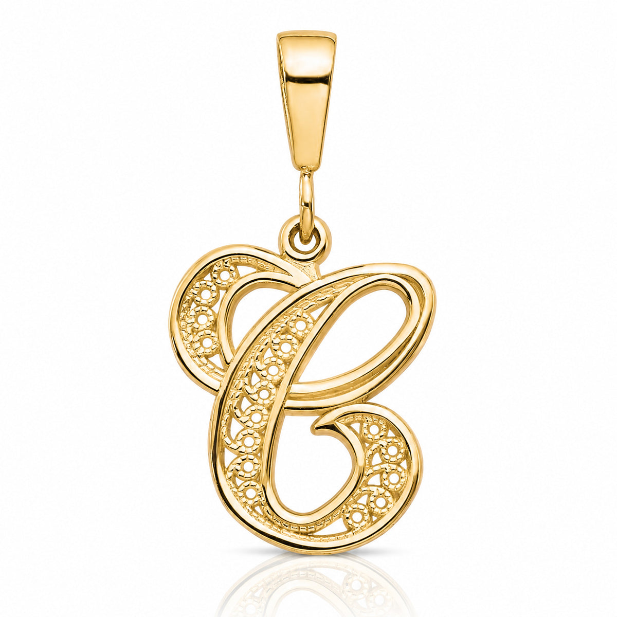 10k Filigree Initial C Pendant - Lifestyle View