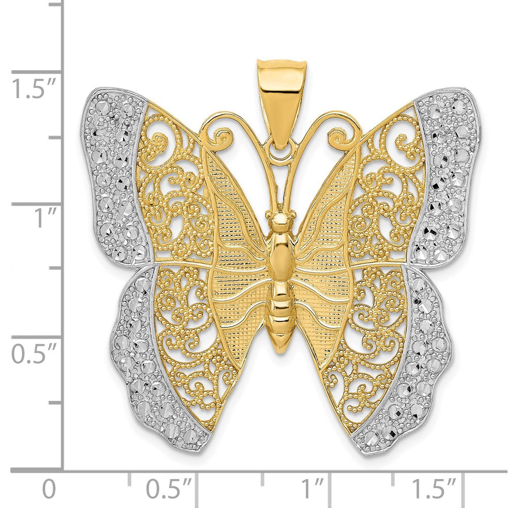 14K Yellow & RH w/ RH Solid Pol. Diamond-cut Filigree Butterfly Pendant - Product Photo