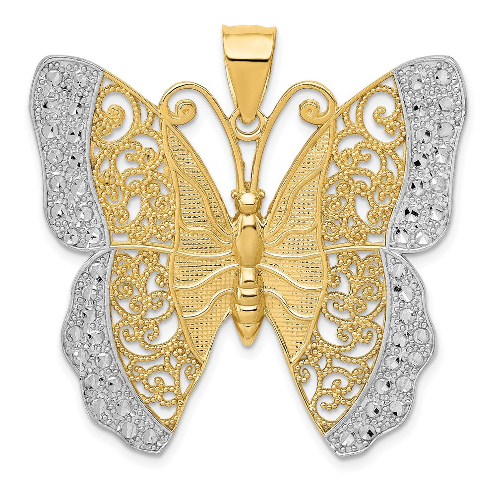 14K Yellow & RH w/ RH Solid Pol. Diamond-cut Filigree Butterfly Pendant - Product Photo