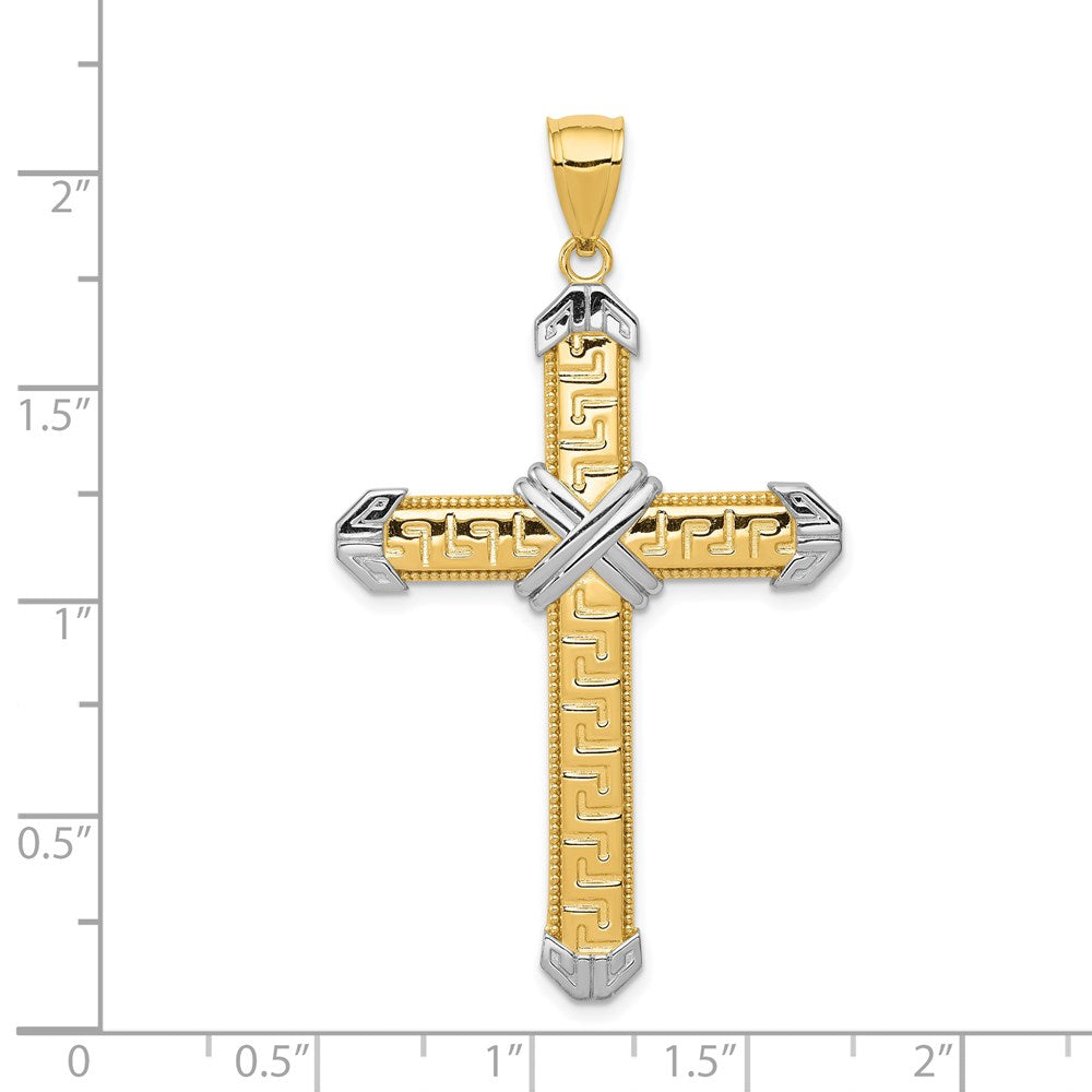 14K Yellow & Rhodium And Rhodium Greek Key Cross Pendant - Product Photo