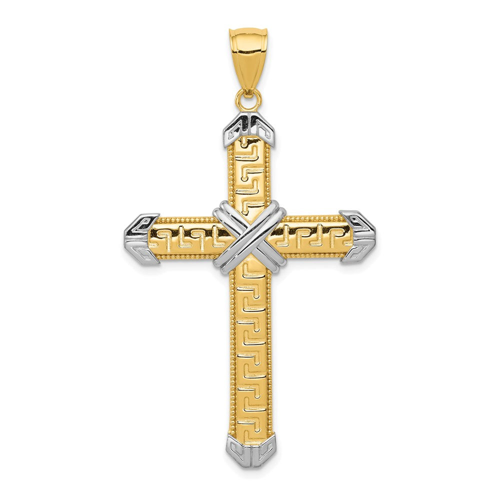 14K Yellow & Rhodium And Rhodium Greek Key Cross Pendant - Product Photo