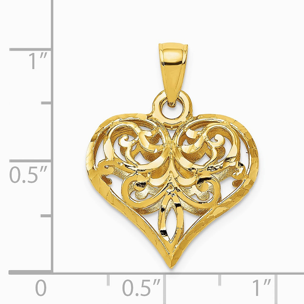 14K Yellow Gold Polished 3-D Filigree Puffed Heart Pendant - Product Photo