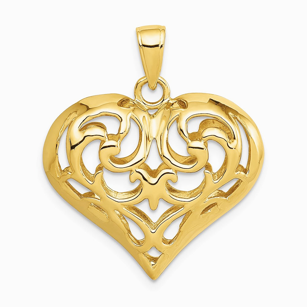 14K Yellow Gold Polished 3-D Filigree Puffed Heart Pendant - Product Photo