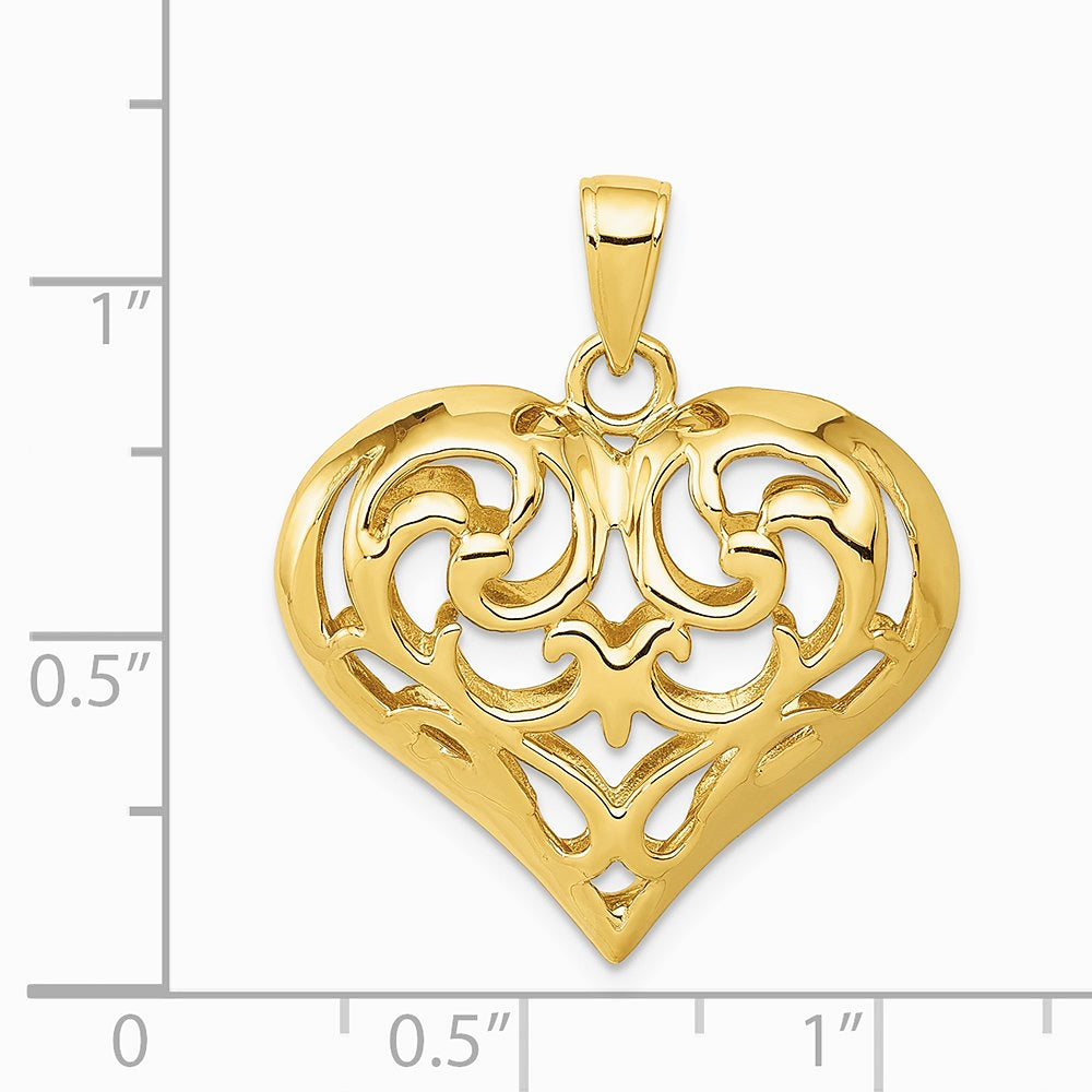 14K Yellow Gold Polished 3-D Filigree Puffed Heart Pendant - Product Photo