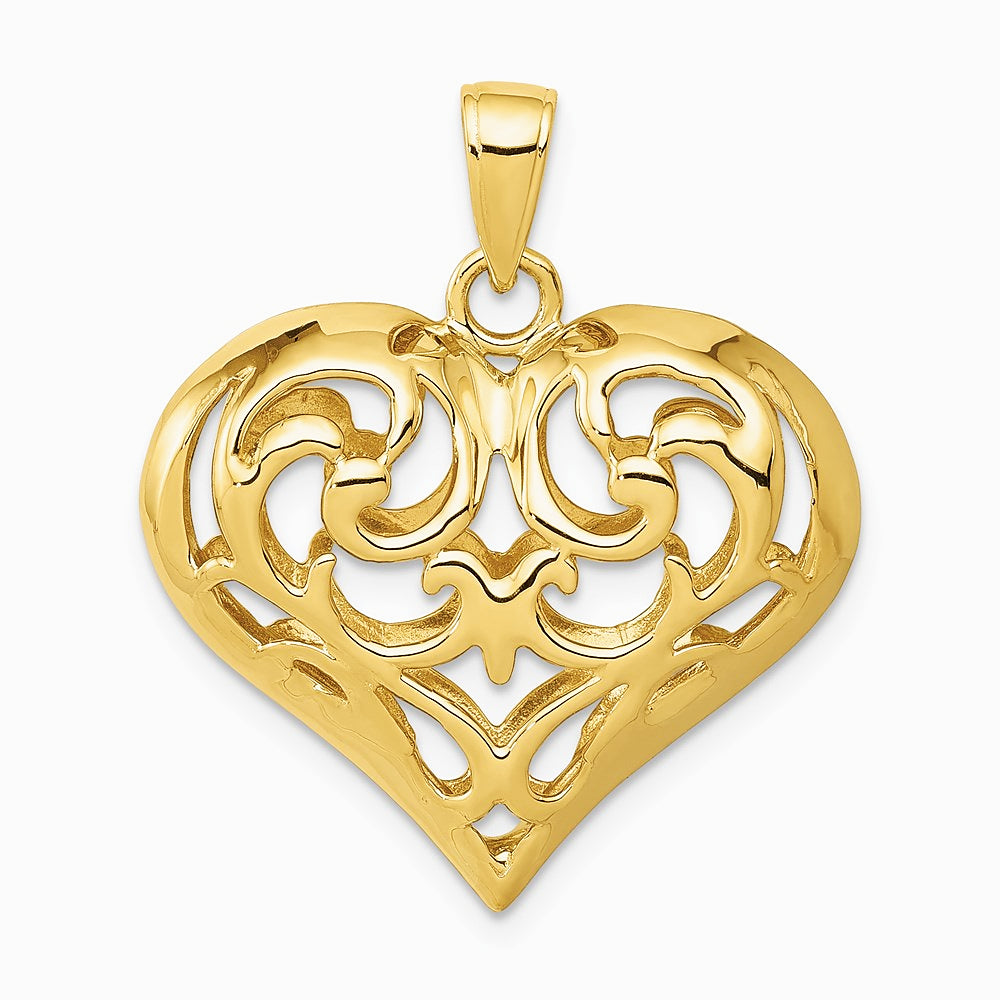 14K Yellow Gold Polished 3-D Filigree Puffed Heart Pendant