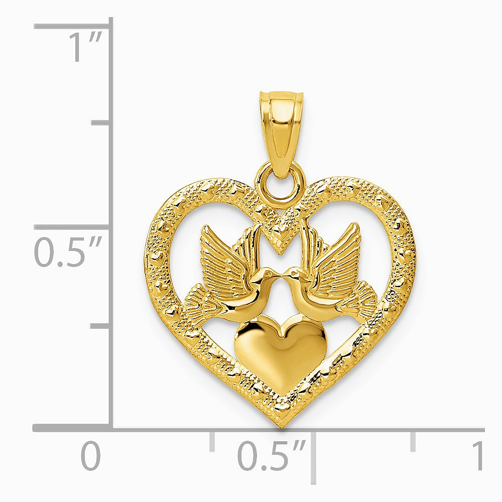 14K Yellow Gold Polished Doves in Heart Pendant - Product Photo