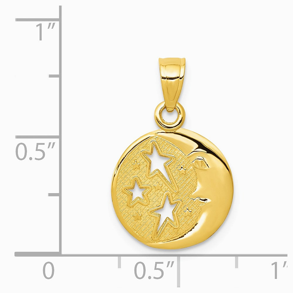 10K / 14K Yellow Gold Polished Flat-Backed Moon with Three Stars Pendant - Product Photo