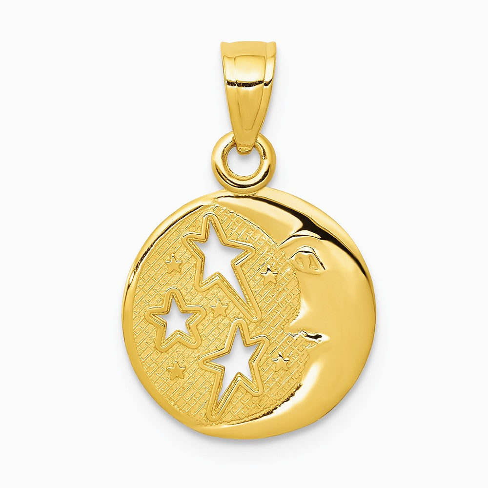 10K / 14K Yellow Gold Polished Flat-Backed Moon with Three Stars Pendant - Product Photo