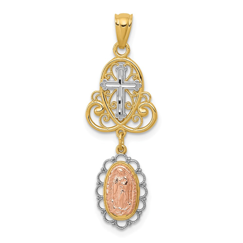 14K Two-Tone with White Rhodium Lady Guadalupe Cross Pendant - Product Photo
