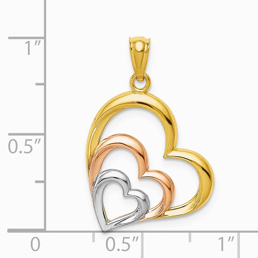 14K Two-tone and White Rhodium Polished 3 Hearts Pendant - Product Photo