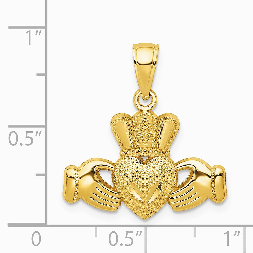 14K Yellow Gold Polished/Textured Claddagh Pendant - Product Photo