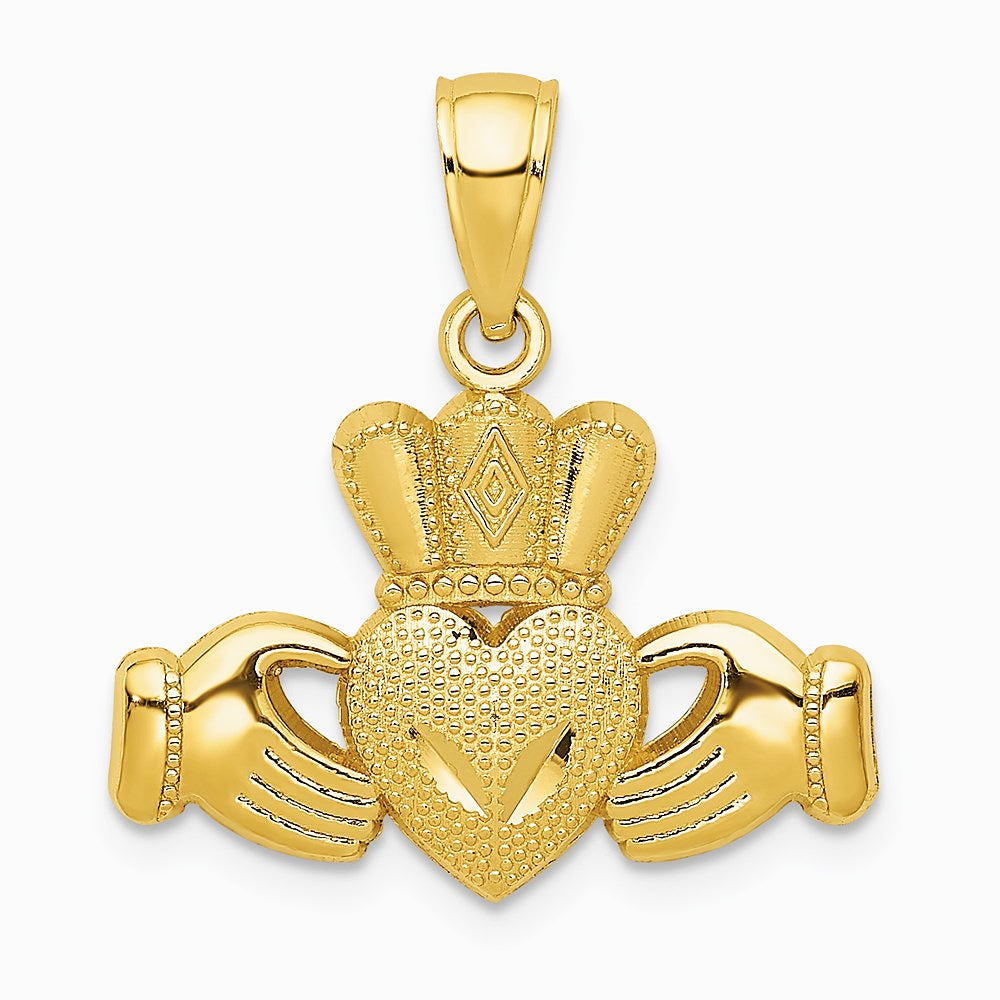 14K Yellow Gold Polished/Textured Claddagh Pendant