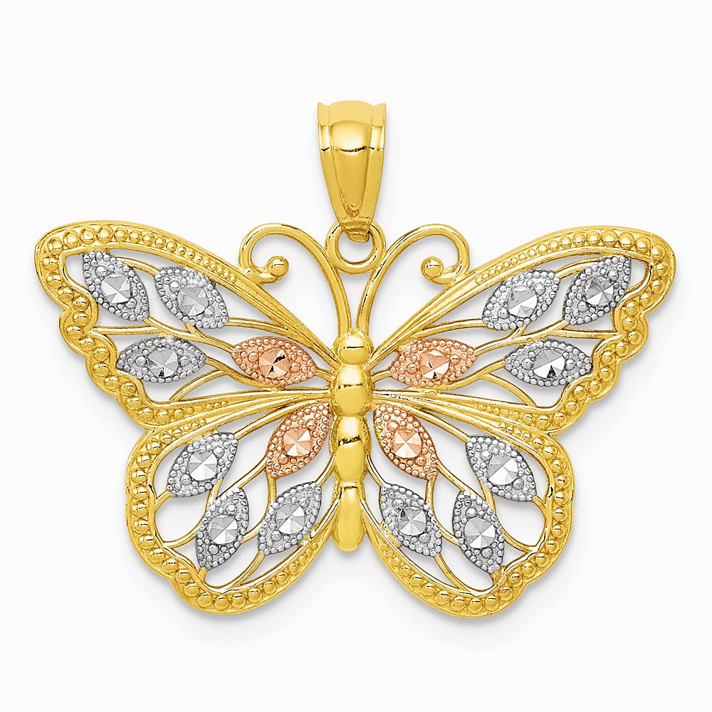 14K Yellow & Rhodium with White and Rose Rhodium Diamond-cut Butterfly Pendant - Product Photo