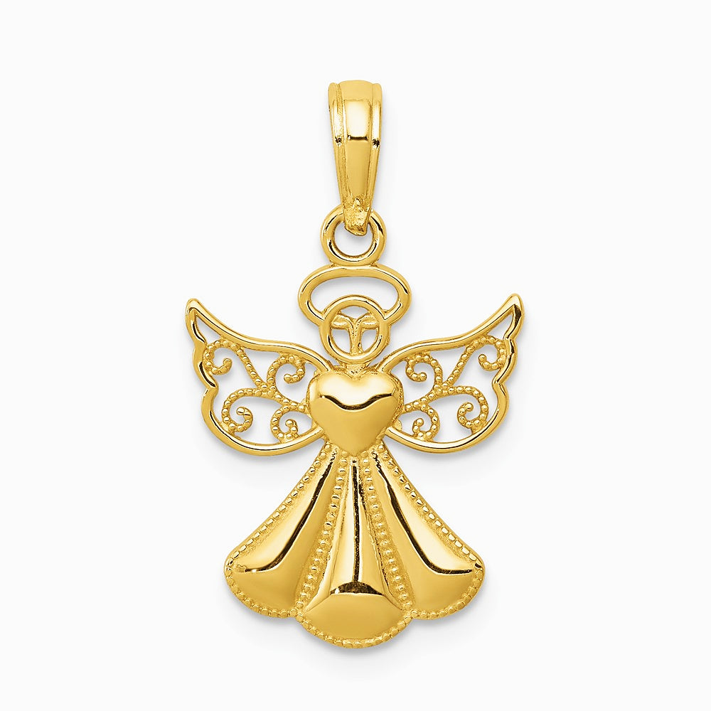 10K / 14K Yellow Gold Polished Textured Guardian Angel W/Heart Pendant - Product Photo