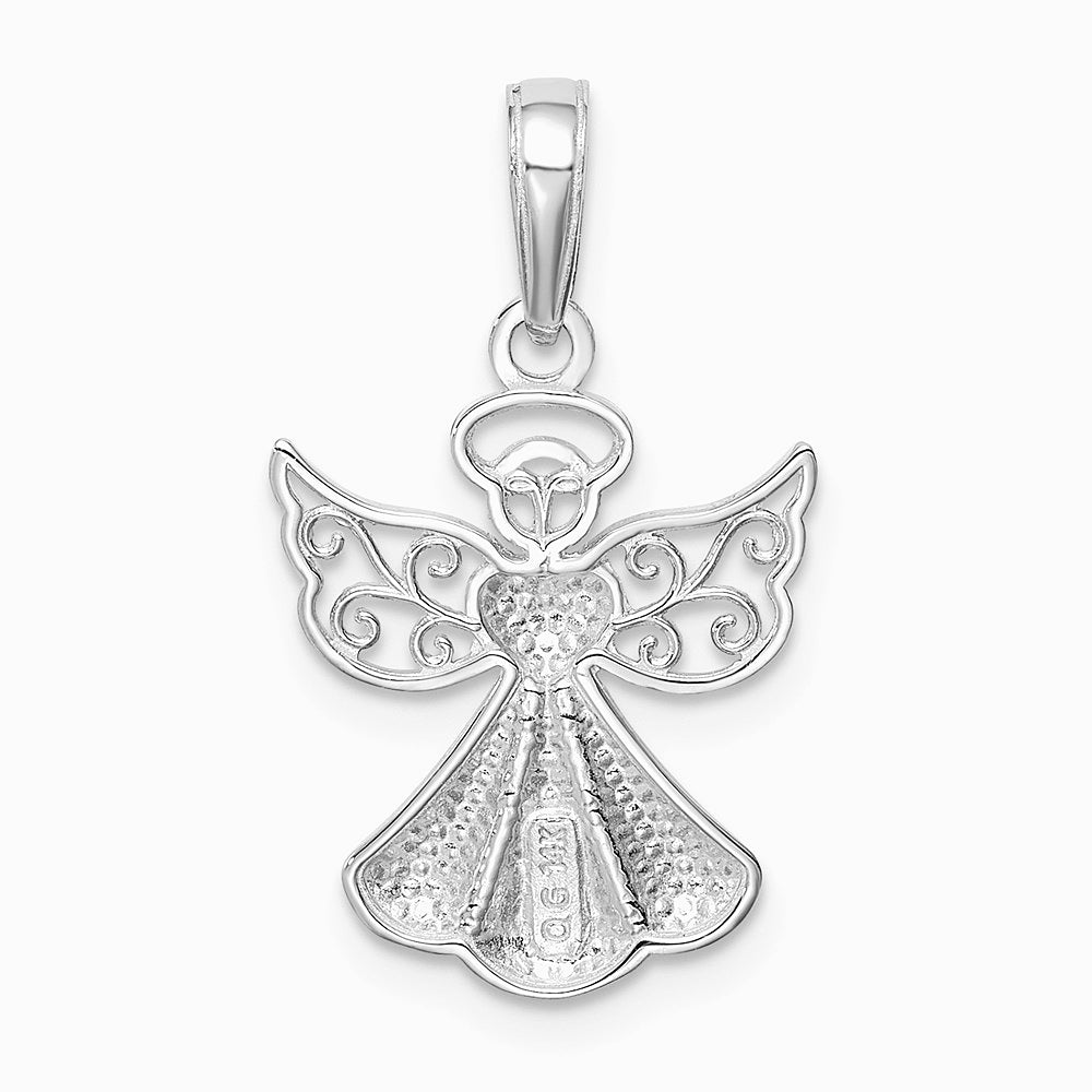 14K White Gold Polished/Textured Guardian Angel Heart Pendant - Product Photo