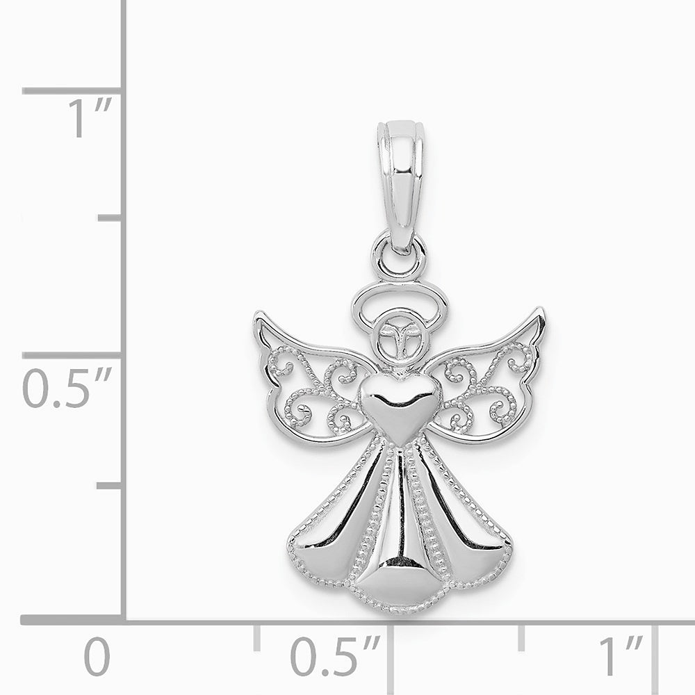 14K White Gold Polished/Textured Guardian Angel Heart Pendant - Product Photo