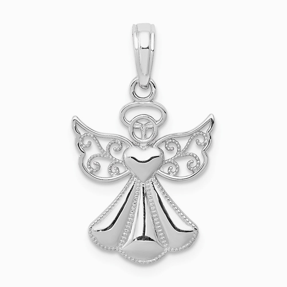 14K White Gold Polished/Textured Guardian Angel Heart Pendant