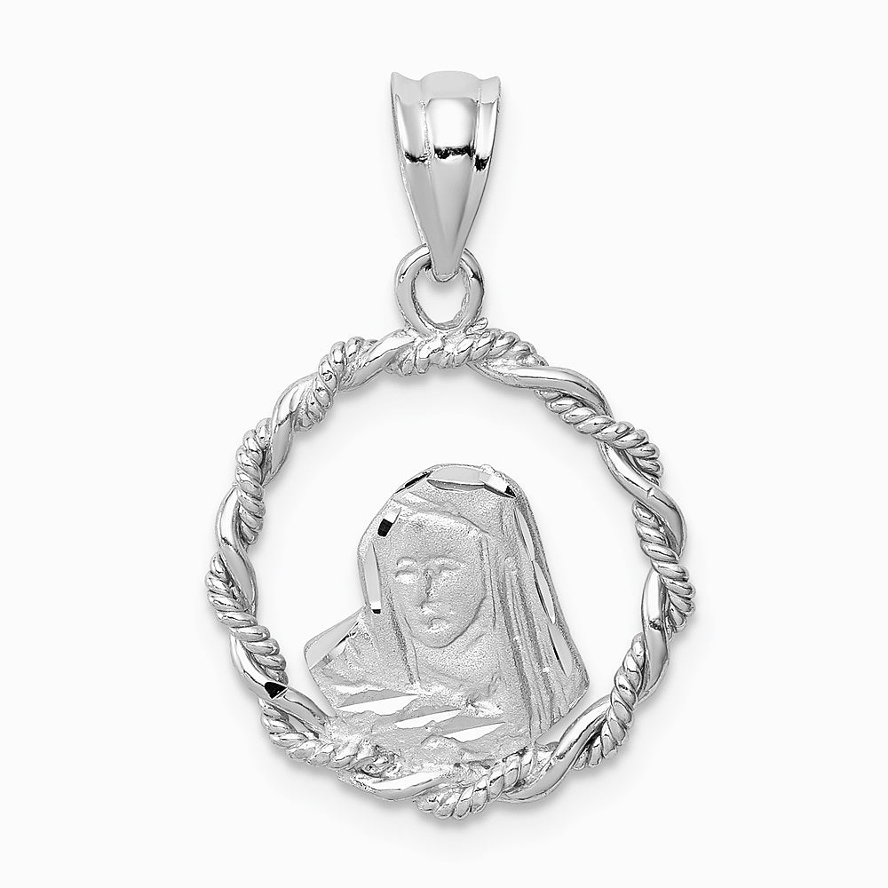 14K White Brushed & Polished Diamond-cut Virgin Mary Pendant
