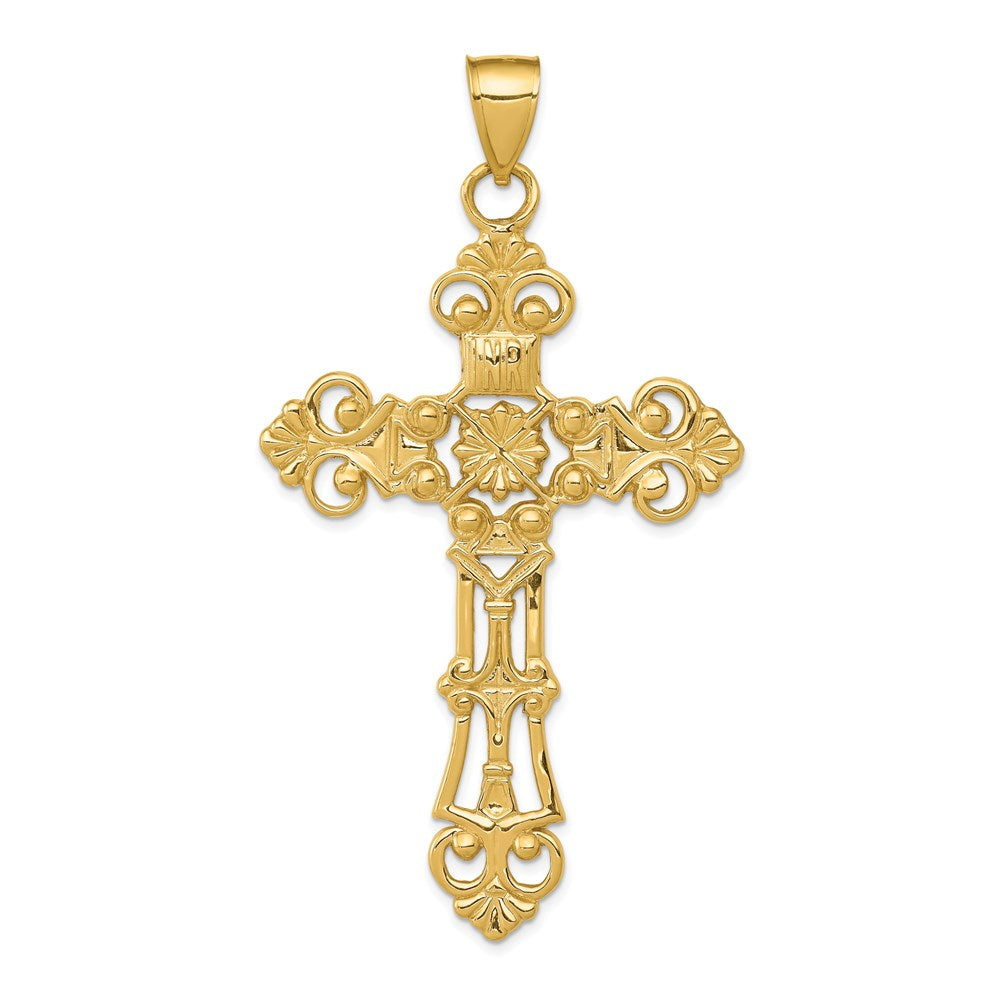 14K Yellow Gold Fleur De Lis Large Cross Pendant - Product Photo