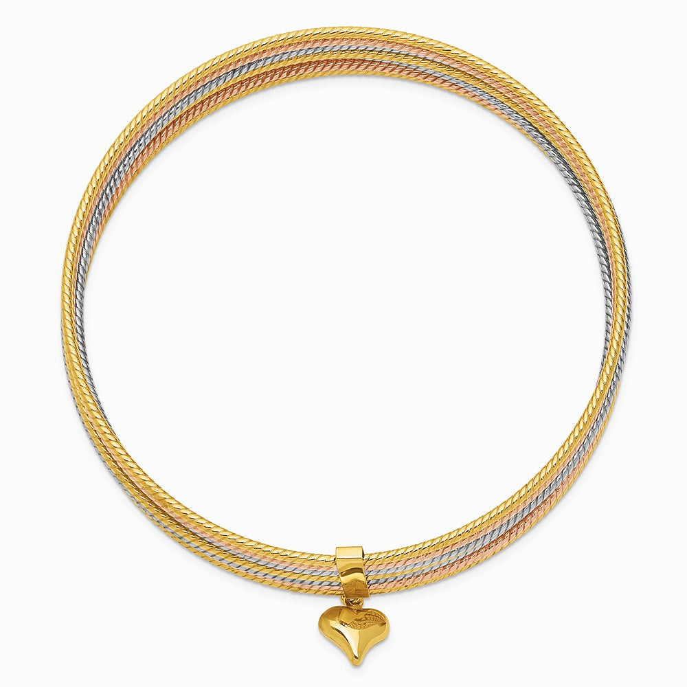 14K Tri-Color w/ Dangle Heart Tri-color Set of 7 Textured Slip-on Bangles - Product Photo