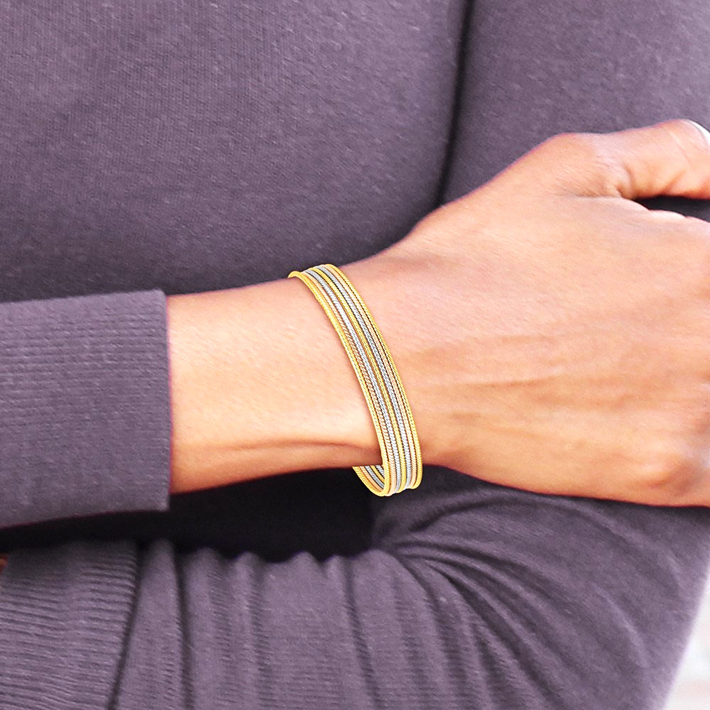 14K Tri-Color w/ Dangle Heart Tri-color Set of 7 Textured Slip-on Bangles - Product Photo