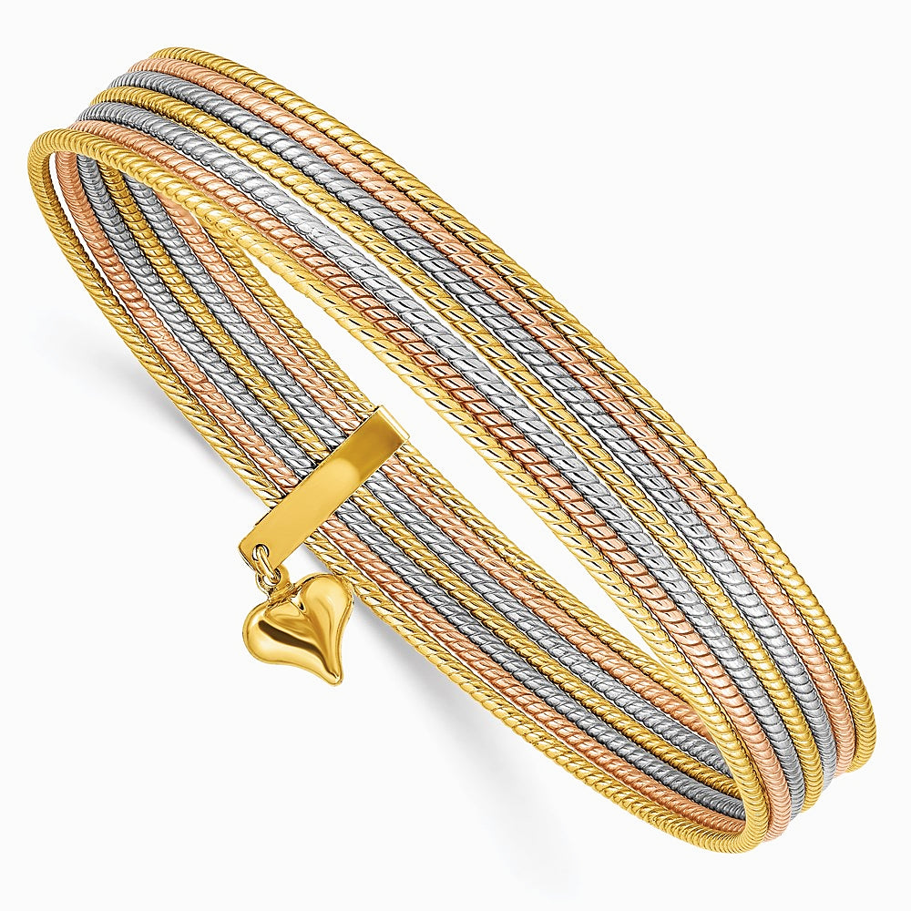 14K Tri-Color w/ Dangle Heart Tri-color Set of 7 Textured Slip-on Bangles