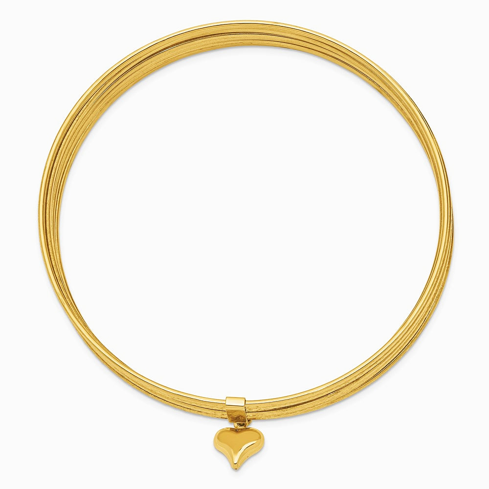 14K Yellow Gold Oversized w/ Dangle Heart Set of 7 Slip-on Textured Bangles - Product Photo
