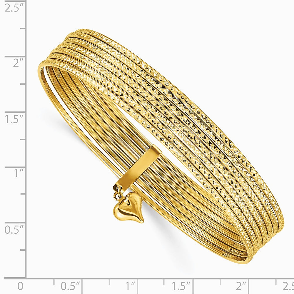 14K Yellow Gold Oversized w/ Dangle Heart Set of 7 Slip-on Textured Bangles - Product Photo