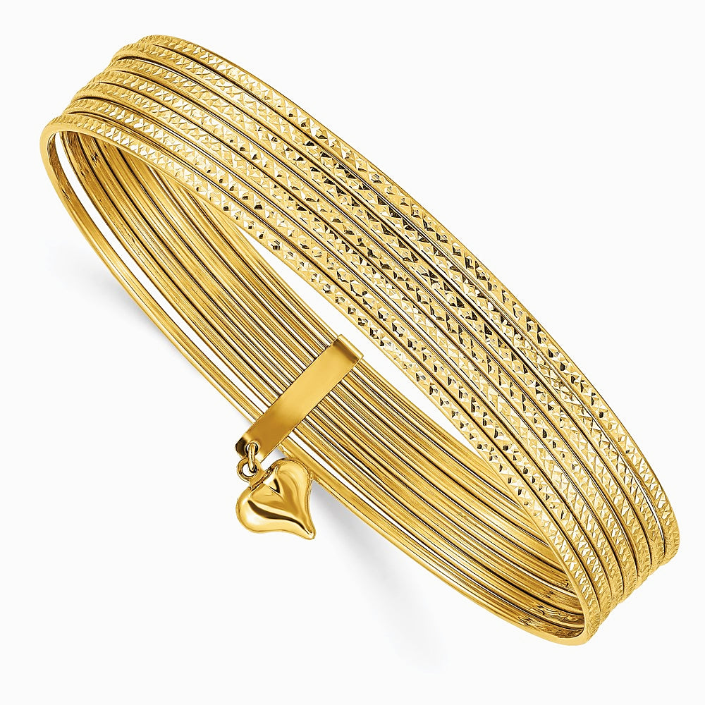 14K Yellow Gold Oversized w/ Dangle Heart Set of 7 Slip-on Textured Bangles