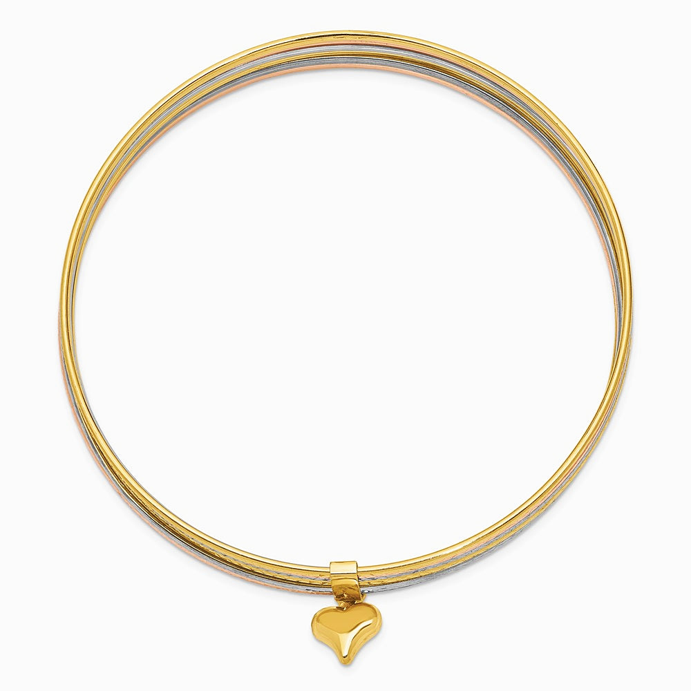 14K Tri-Color with Dangle Heart Tri-color Set of 7 Textured Slip-on Bangles - Product Photo