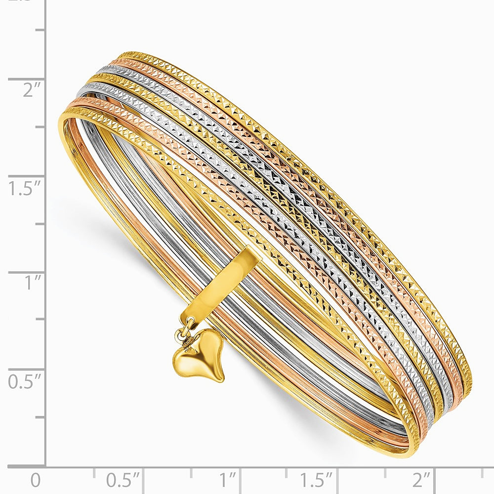 14K Tri-Color w/ Dangle Heart Tri-color Oversized Set of 7 Txtrd Slip-on Bangles - Product Photo