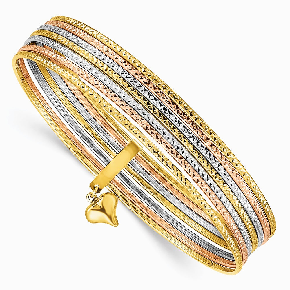 14K Tri-Color with Dangle Heart Tri-color Set of 7 Textured Slip-on Bangles
