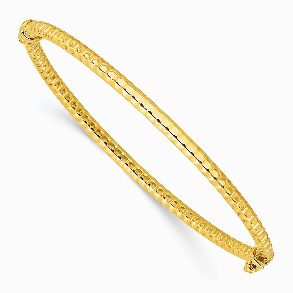 14K Yellow Gold Polished and Textured Hinged Bangle Bracelet - Product Photo