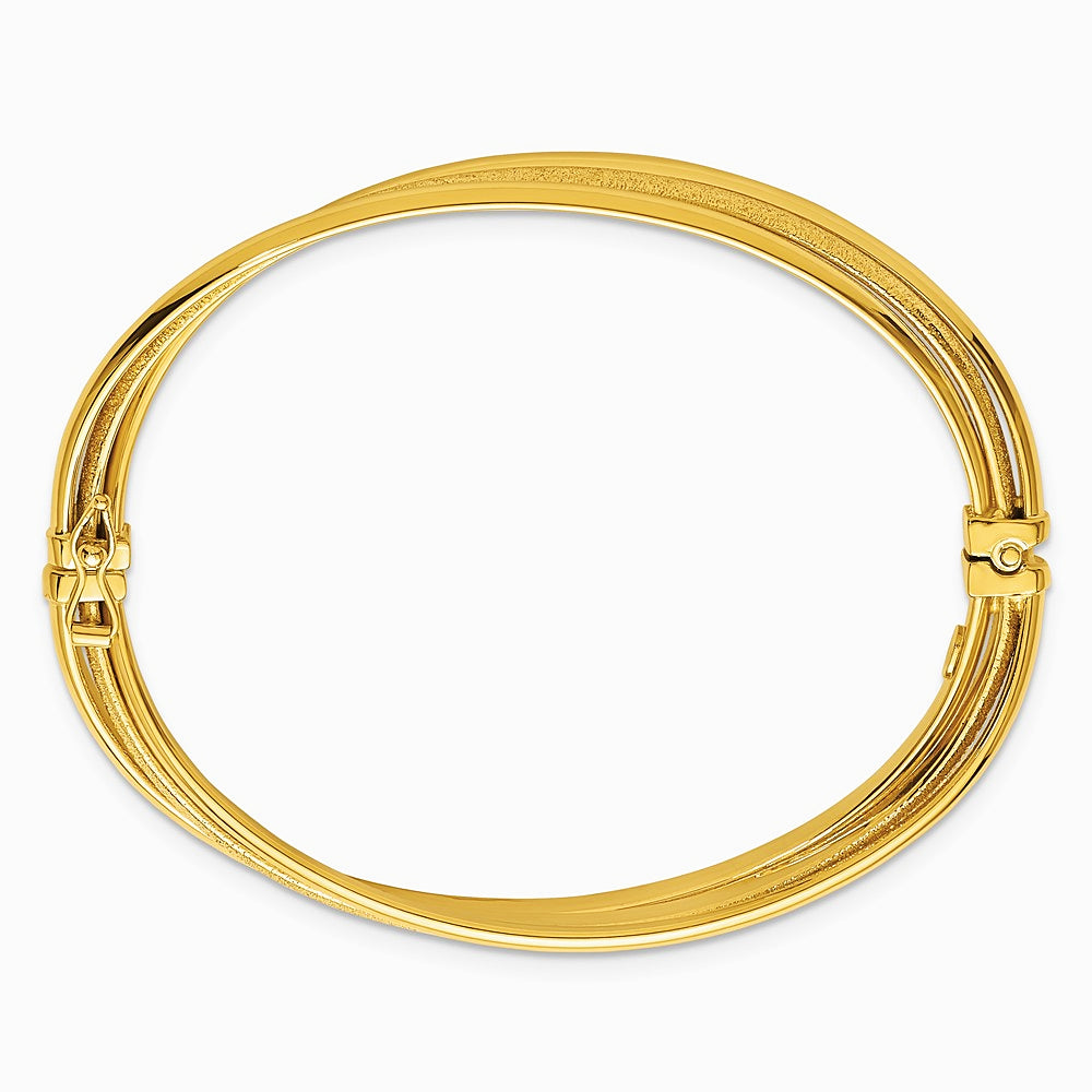 14K Yellow Gold Polished and Textured Twisted Hinged Bangle - Product Photo