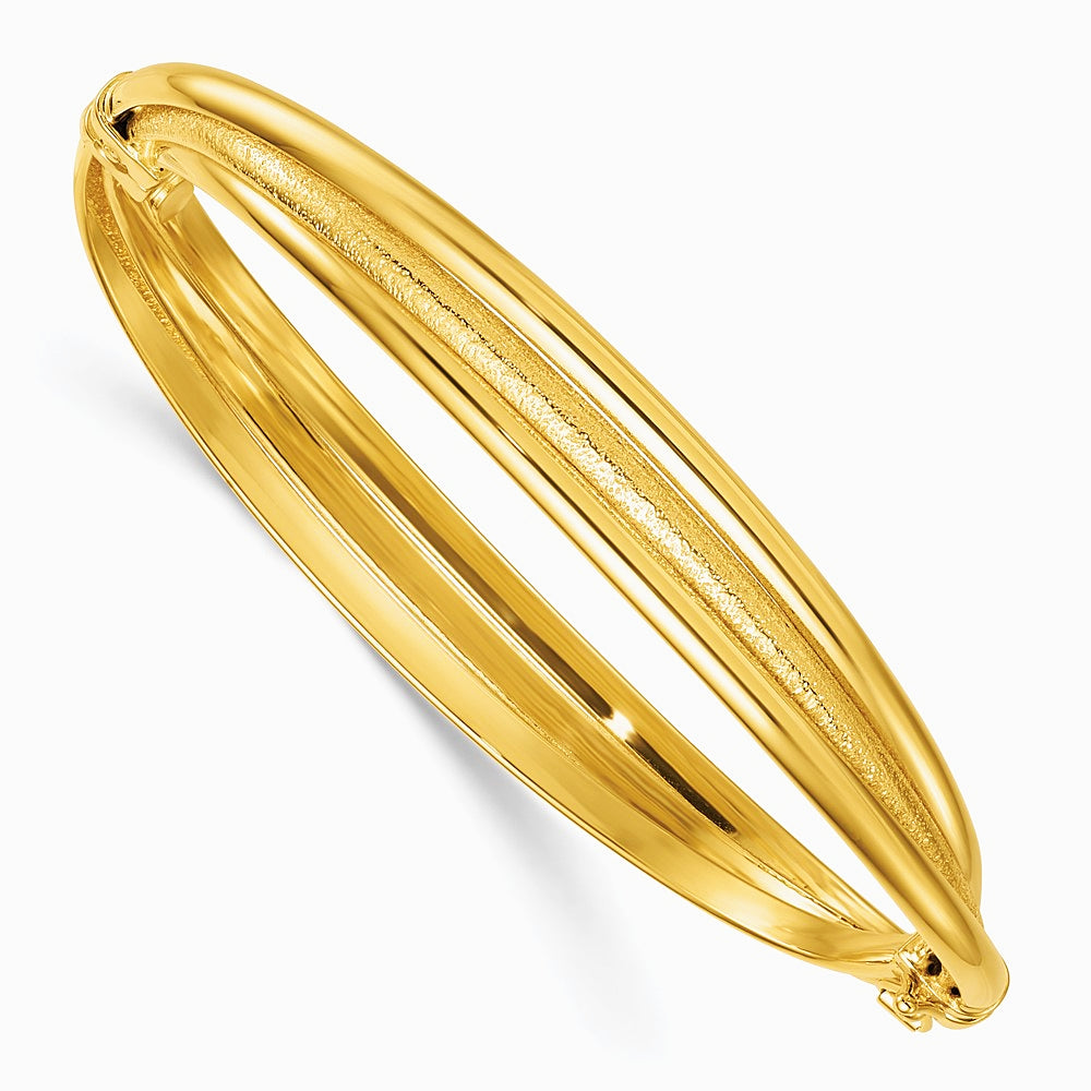 14K Yellow Gold Polished and Textured Twisted Hinged Bangle - Product Photo