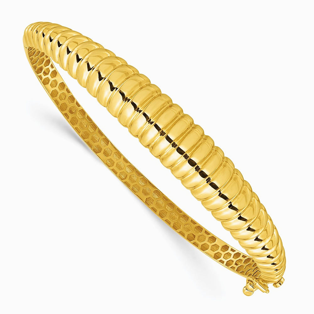 14K Yellow Gold Polished and Textured Graduated Hinged Bangle - Product Photo