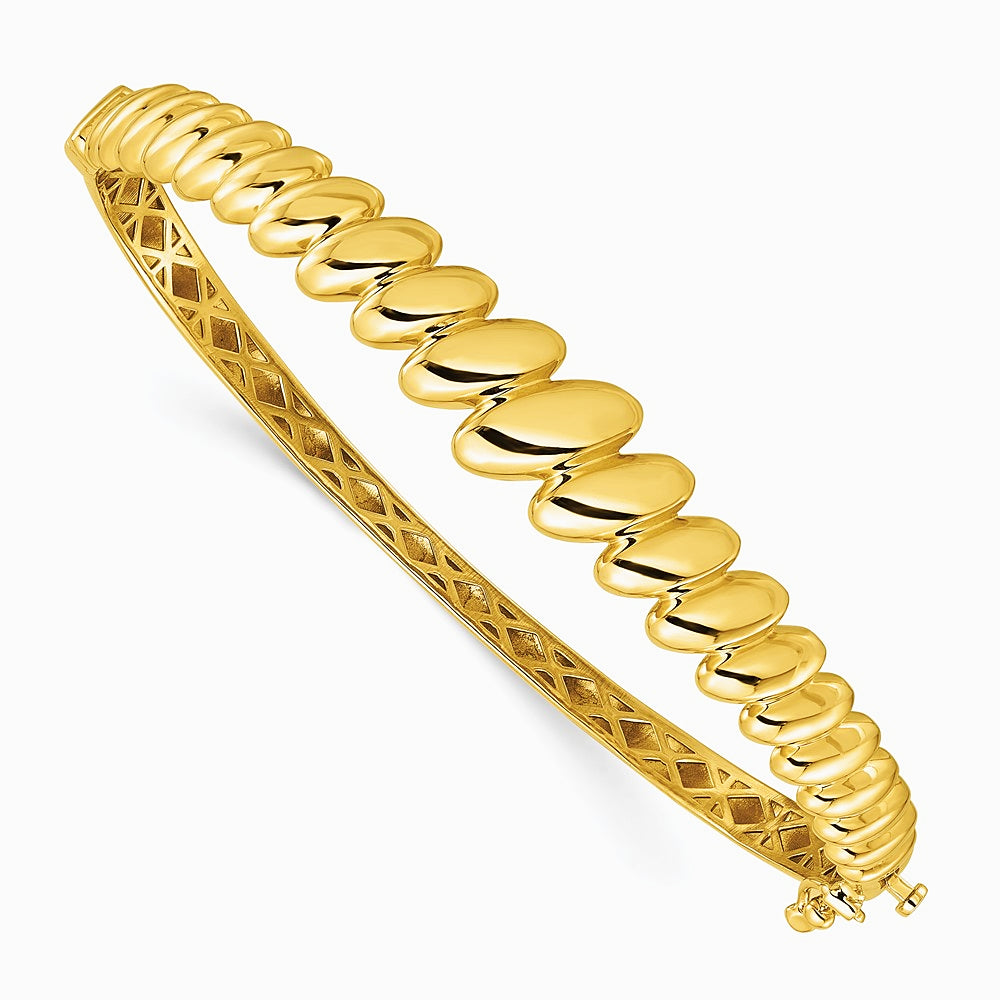 14K Yellow Gold Polished Graduated Oval Fancy Hinged Bangle - Product Photo