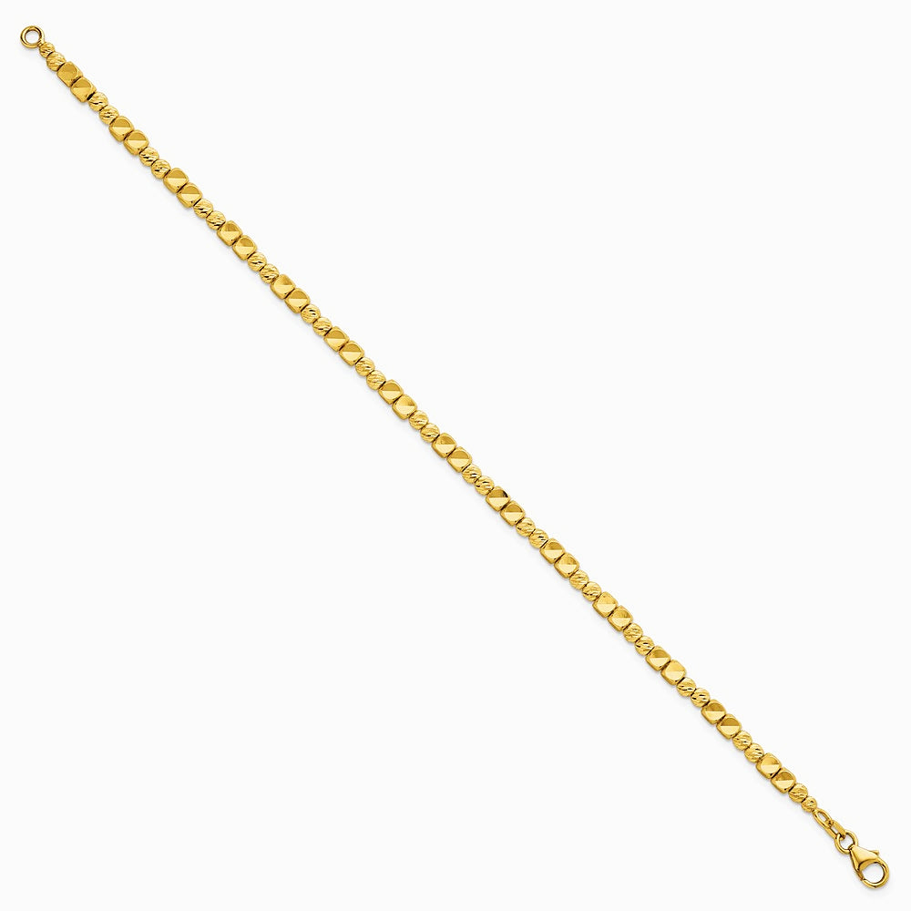 14K Yellow Gold Polished Diamond-cut and Beaded 7 Inch Bracelet - Product Photo