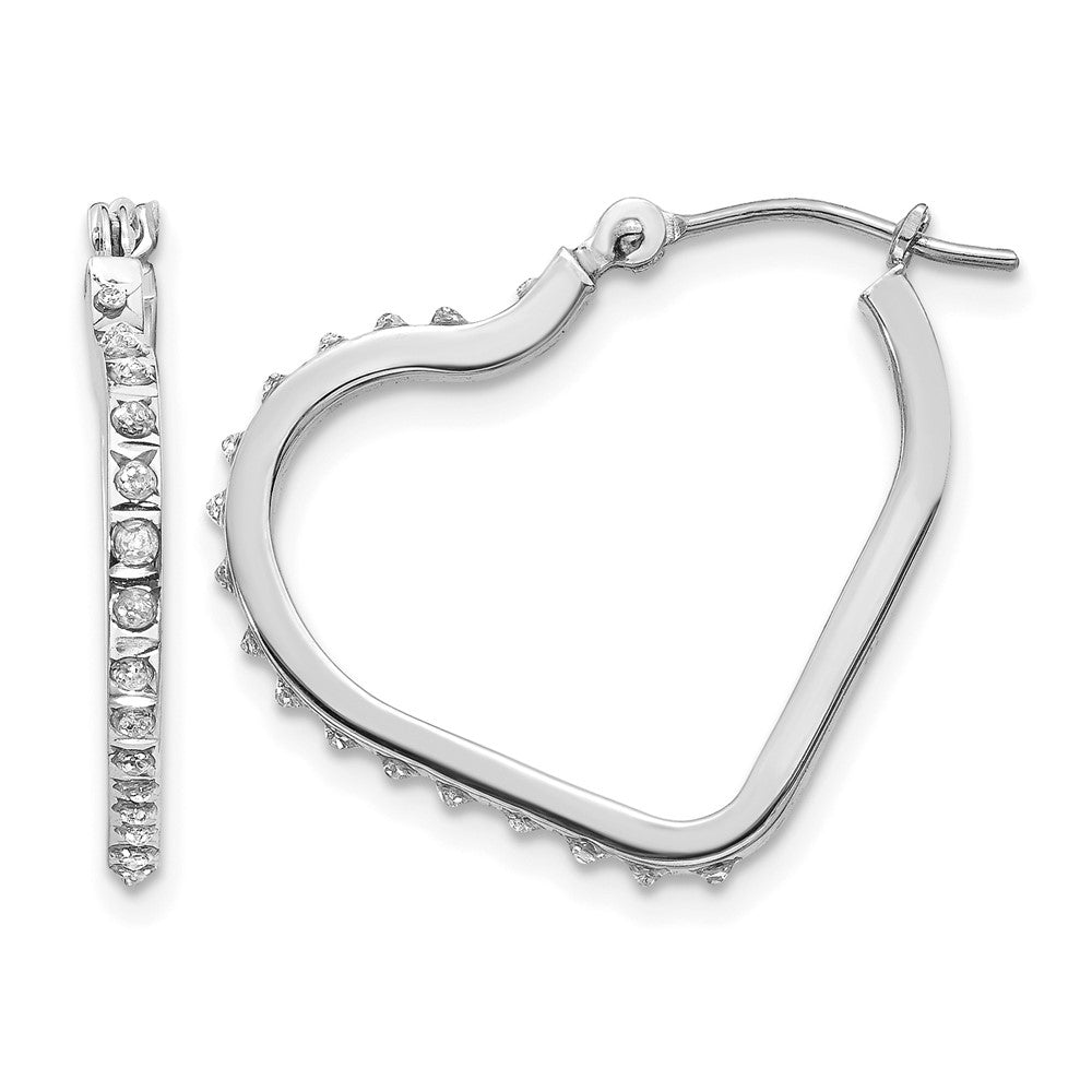 14K White Gold Diamond Dust/Accent Heart Hoops - Product Photo