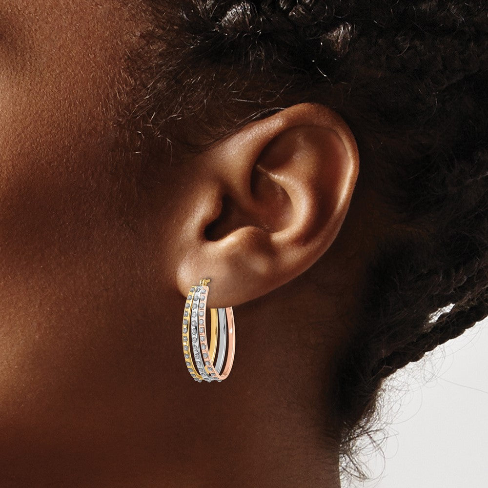14K Tri-color Diamond Fascination Dia. Dust/Accent Oval 3 Hoop Earrings - Product Photo