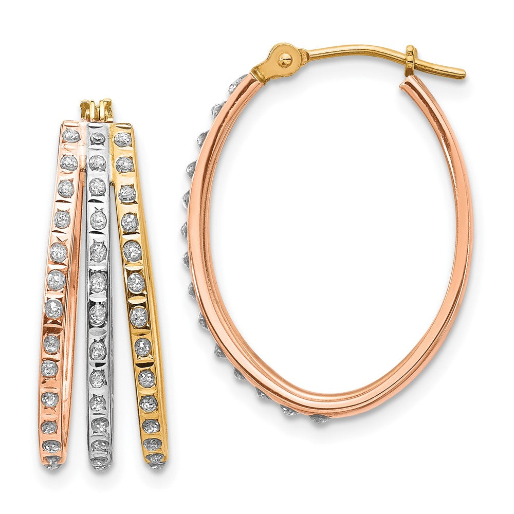 14K Tri-color Diamond Fascination Dia. Dust/Accent Oval 3 Hoop Earrings - Product Photo
