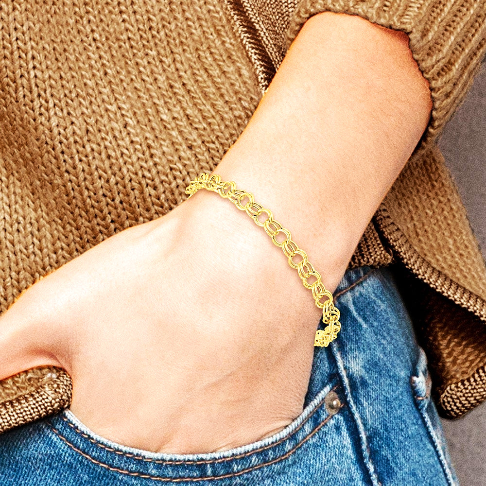 14K Yellow Gold Hollow Double Link Charm Bracelet - Product Photo
