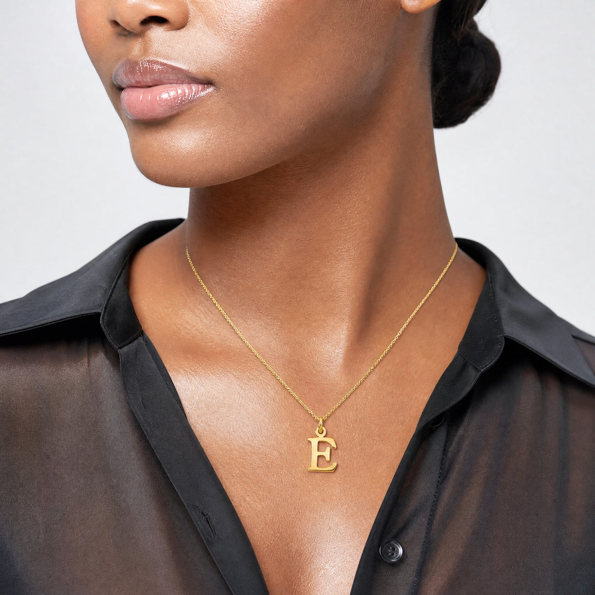 10KY Cutout Letter E Initial Necklace - Model Shot