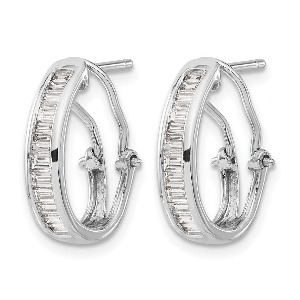 14K White Gold Baguette Diamond Omega Back Hoop Earrings - Product Photo