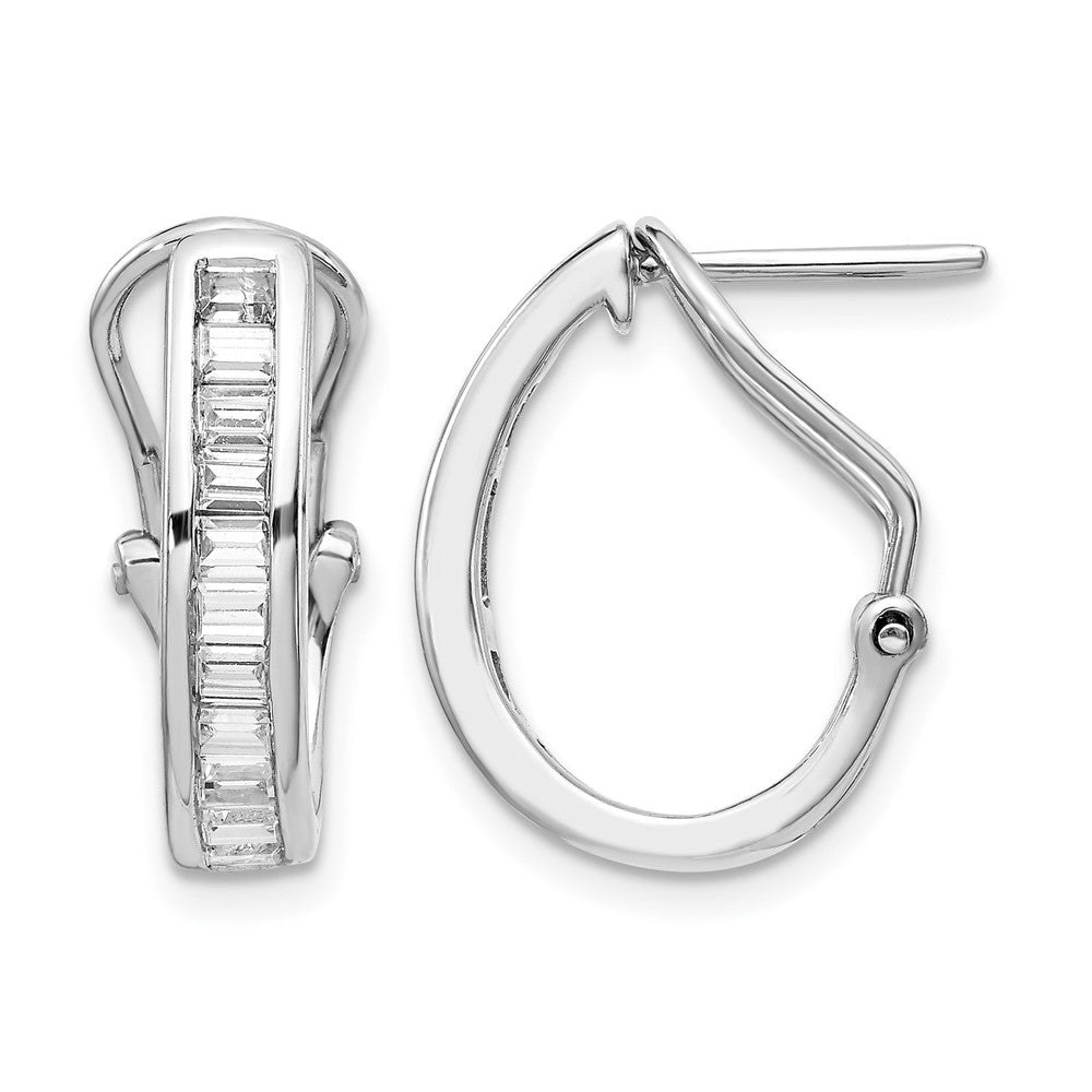 14K White Gold Baguette Diamond Omega Back Hoop Earrings - Product Photo